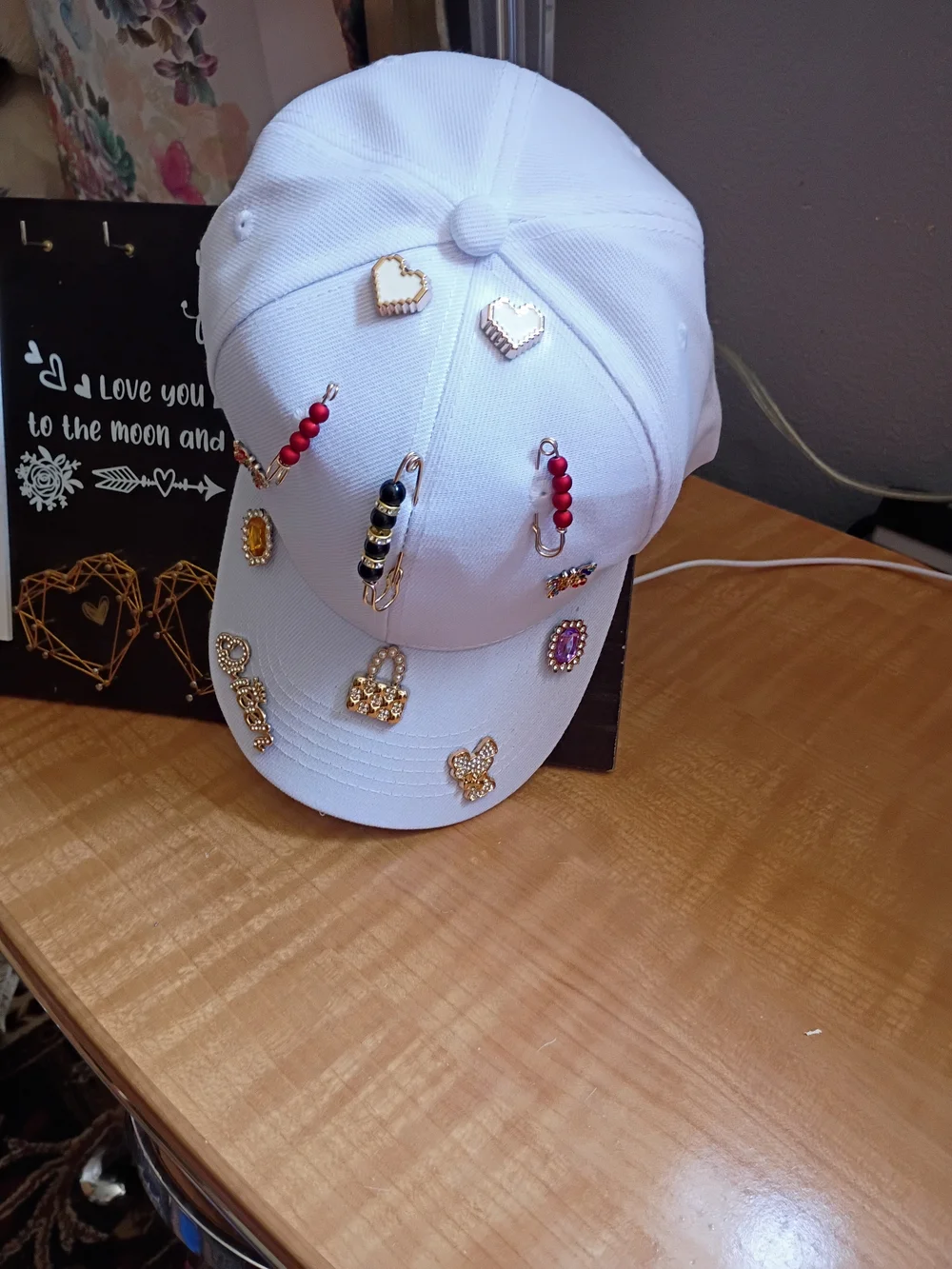 Embellished White Baseball Cap with Gem & Charm Accents